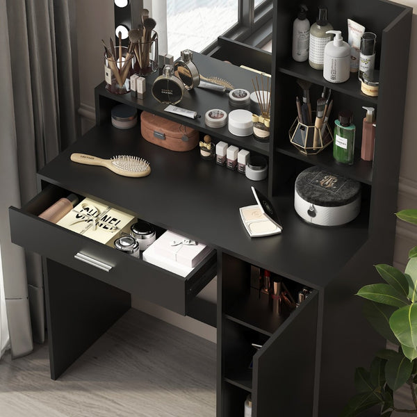 English Elm Vanity Desk With Mirror & 3 Adjustable Lighting Modes, Ample Storage & Elegant Black Finish For Bedrooms W2386P369684-GIGA