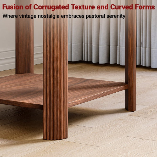 English Elm Rounded Square End Tables Set of 2 Boho Walnut with Wave Legs and Open Shelf W5563P449956