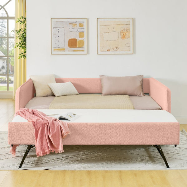 English Elm Full Size Boucle Daybed with Pop up Trundle Tufted Upholstered Sofa Sleeping Pink W1413S00175