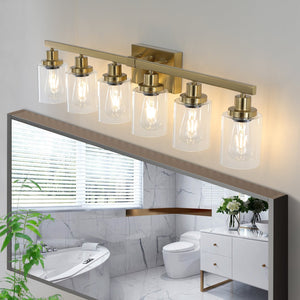 English Elm 37" Golden 6-Light Vanity Light with Clear Glass Shades, Modern Iron Wall-Mounted Bathroom Fixture, Hard-Wired Elegance W2312P374802