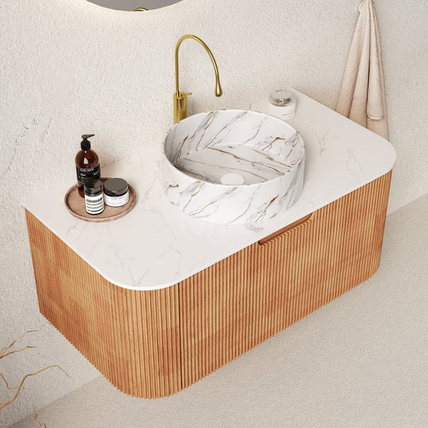 English Elm Dina 36" Wall-Mounted Vanity With Curved Ceramic Basin, Natural Woodgrain, Pre-Assembled Storage Solution W2615S00491