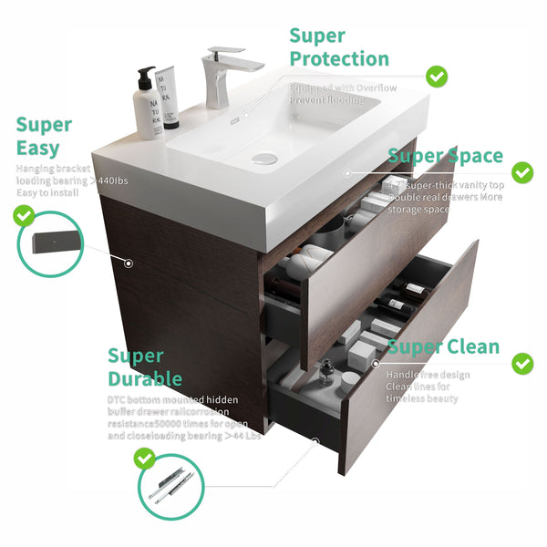 English Elm Alice 36" Walnut Floating Bathroom Vanity With Integrated Sink - Modern Design, Ample Storage Space! W1865S00018