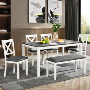 English Elm 6-Piece Modern Farmhouse Dining Table Set With Bench & Chairs, Grey & White, Comfortable Seating W1998S00064