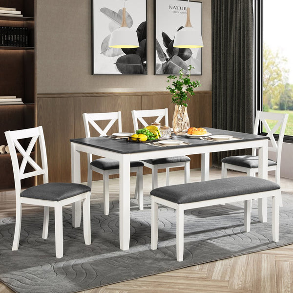 English Elm 6-Piece Modern Farmhouse Dining Table Set With Bench & Chairs, Grey & White, Comfortable Seating W1998S00064