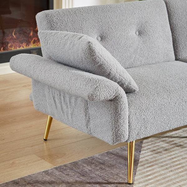 English Elm Modern Teddy Upholstered Loveseat Sofa Bed with Adjustable Backrest, Foldable Armrests & Gold Legs Grey W1117P303446
