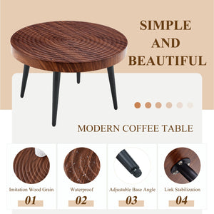 English Elm Modern Round Coffee Table with 23.6" Diameter, Thick MDF Top, Walnut Texture, Black Metal Legs, 350lb Capacity W2920P226079