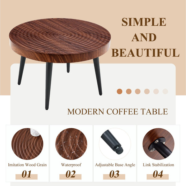 English Elm Modern Round Coffee Table with 23.6" Diameter, Thick MDF Top, Walnut Texture, Black Metal Legs, 350lb Capacity W2920P226079