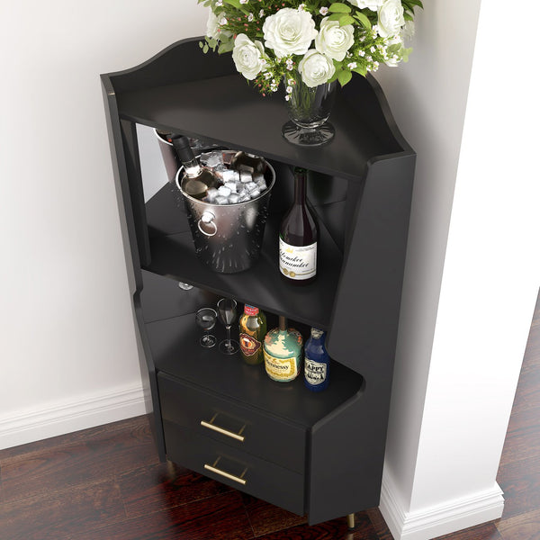 English Elm Wooden Corner Bar Cabinet with Mirrored Back, High Legs, 2 Shelves & 2 Drawers for Stylish Storage Black W2899P374344