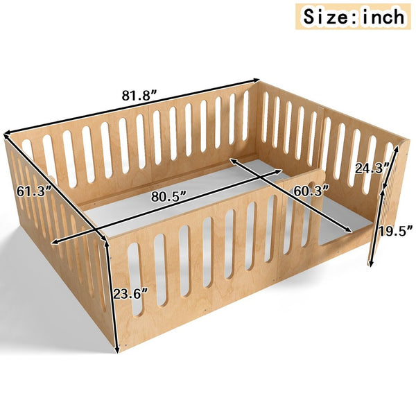 English Elm Queen Solid Pine Montessori Floor Bed for Kids with House Frame and Built-in Door Natural W5305P420640