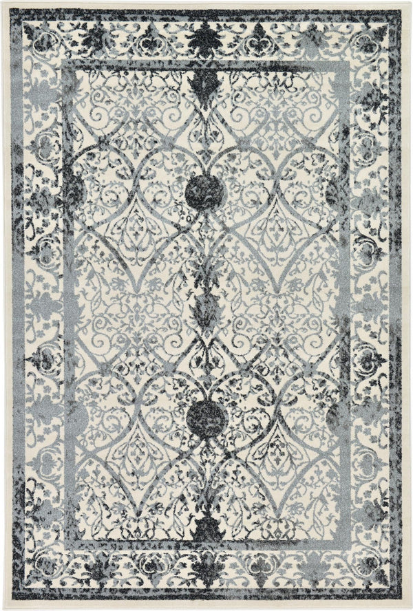 Unique Loom La Jolla Traditional Machine Made Floral Rug Ivory and Gray, Black/Gray/Ivory 6' 1" x 9' 0"