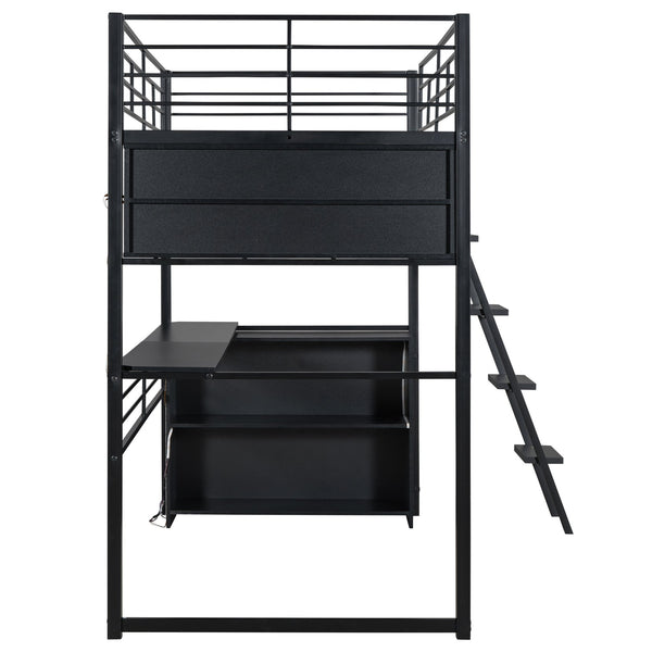 English Elm Twin Metal Loft Bed with LED Desk & 4 Shelves, Black — Sturdy Metal/Wood Frame, Space-Saving Design GX000652AAB