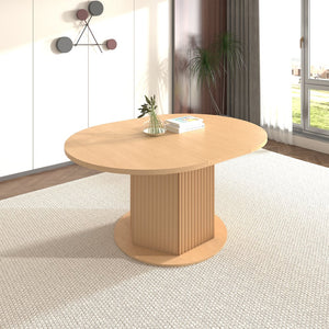 English Elm Round Adjustable Dining Table 47–63" for 4–6, Light Brown MDF & Rubberwood, Bump-Texture Base, 300lb Capacity W1347P296655