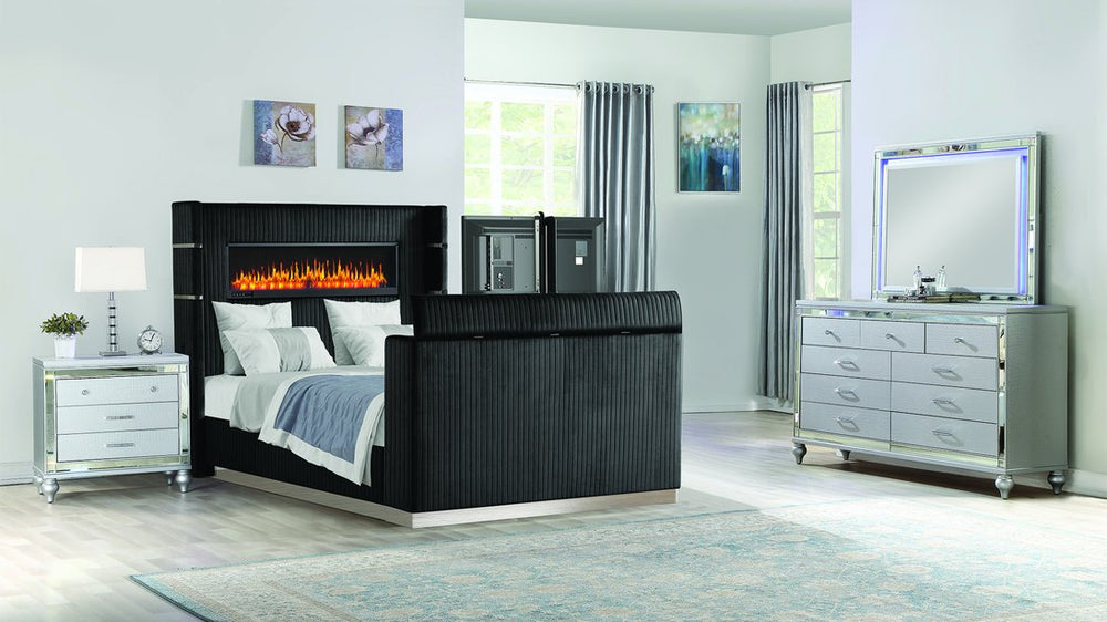 English Elm Lavish 4-Piece Queen Bedroom Set With Fireplace Headboard, Tv Footboard & Usb Nightstand, Black Wood B009S02111