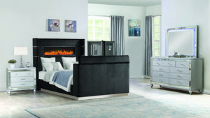 English Elm Lavish 4-Piece Queen Bedroom Set With Fireplace Headboard, Tv Footboard & Usb Nightstand, Black Wood B009S02111