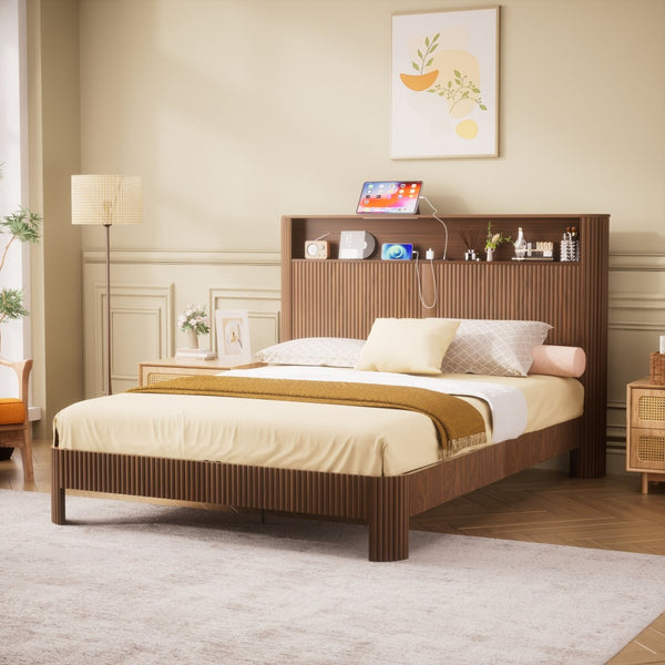 English Elm Queen-size Wave Headboard Storage Bed with Charging Ports and Walnut Mdf Finish W1162P440051