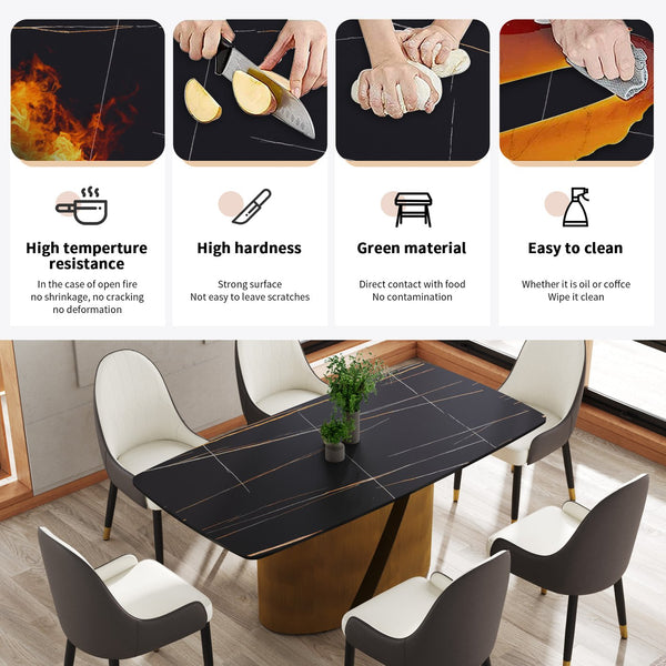 English Elm 70.86" Modern Sintered Stone Dining Table With Curved Black Top & Bronze Iron Legs For 6-8 People W1535S00362