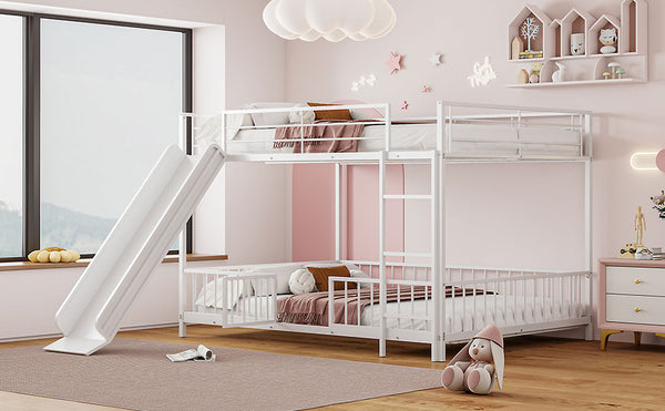 English Elm Full Full over Full Metal Bunk Bed with Slide, Interchangeable Stairs, Gate & Safety Guardrails for Kids White SF000170AAK
