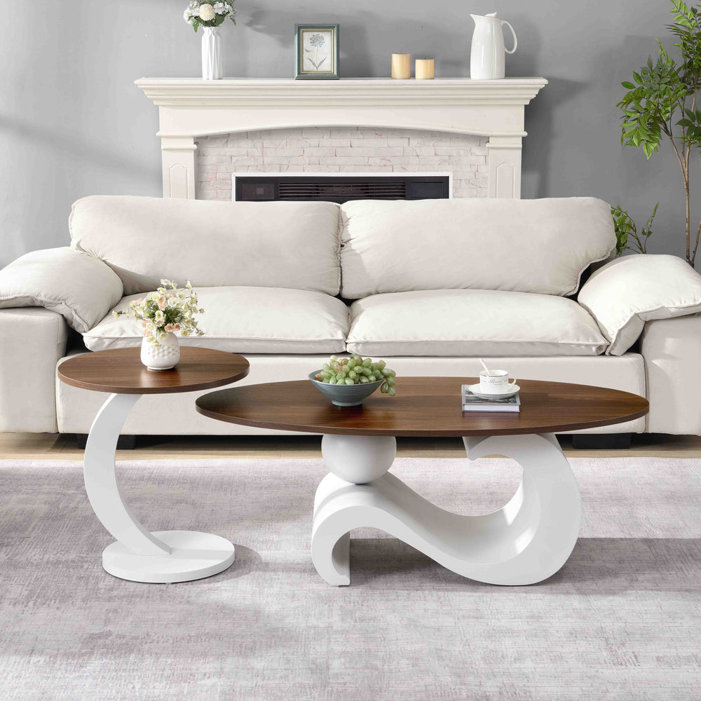 English Elm White Nesting Coffee Table Set Modern Oval & Round MDF Tops, S-Shape Metal Base, Adjustable Pads Durable Support W821S00027