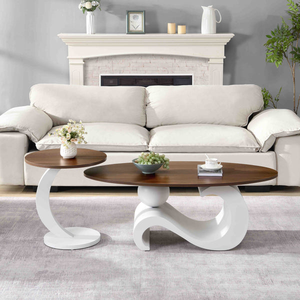 English Elm White Nesting Coffee Table Set Modern Oval & Round MDF Tops, S-Shape Metal Base, Adjustable Pads Durable Support W821S00027