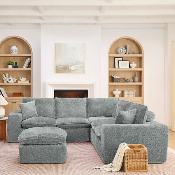 English Elm 107'' Boucle Modular Sectional Sofa Deep Cloud Cushions Reversible Chaise Living Room Grey W1413S00164