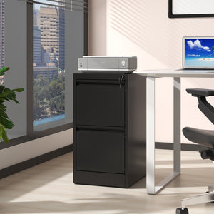 English Elm 2 Drawer Metal File Cabinet with Lock — Durable Steel Vertical Filing Unit, Anti-Tilt, Smooth Drawers, Adjustable Rails Black T2398P154414