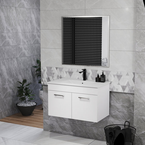 English Elm 32-Inch Bathroom Vanity Combo With Mirror & Sink - Wall-Mounted, Soft-Close Doors, Glossy White Finish W3151S00027