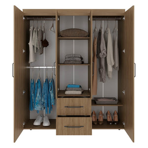 English Elm Stained Walnut Four Door Wardrobe with Rods Shelves and Drawers for Bedroom B062S01863