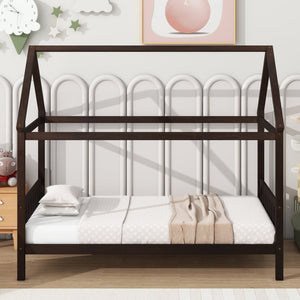 English Elm Twin House Bed with Headboard and Footboard — Space-Saving Rubberwood Frame, Playful Architectural Design Espresso W504P225958