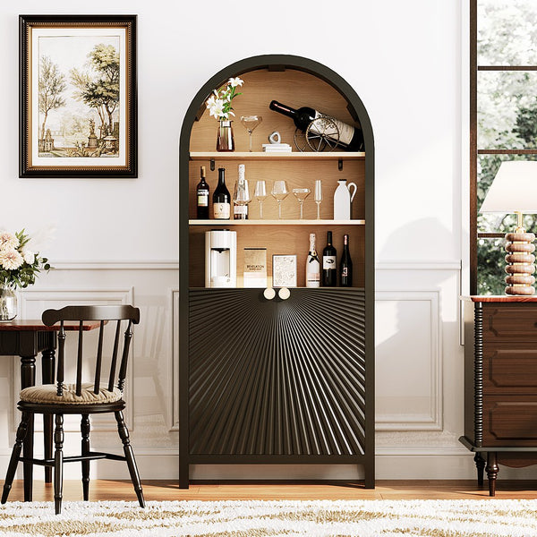 English Elm 61" Arched Bookshelf with Door — Mid-Century Black 5-Tier Bookcase, Dust-Proof Storage & Sturdy Frame W3123P333693