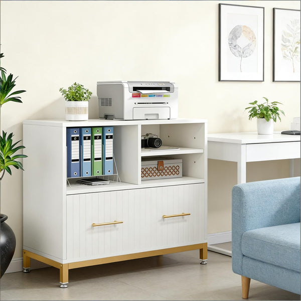 English Elm Practical Gold Frame File Cabinet with Open Shelving and Wood Tone Mdf Panels T3971P449088