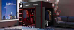 English Elm Full Size Gaming Loft Bed with Rgb Lighting Desk Wardrobe and Built-in Storage Red LT100261AAR
