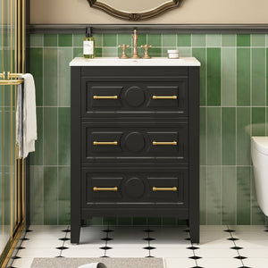English Elm 24'' Bathroom Vanity with Ceramic Sink and 3 Drawers Retro Solid Wood Frame Freestanding Storage Black N710P371184B