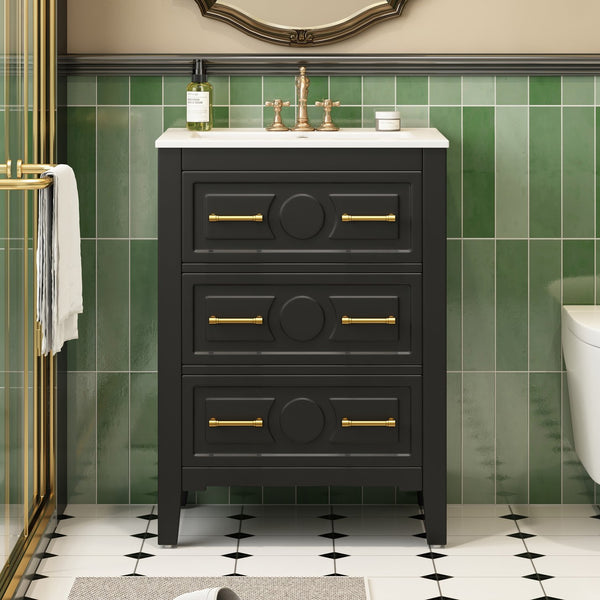 English Elm 24'' Bathroom Vanity with Ceramic Sink and 3 Drawers Retro Solid Wood Frame Freestanding Storage Black N710P371184B