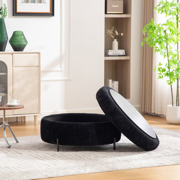English Elm 39"w Swivel Barrel Club Chair with Channel Tufted Chenille and Round Storage Ottoman Set Black W3118S00050