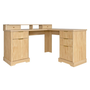 English Elm 59" Fluted Oak L-shaped Corner Desk with Charging Station Monitor Stand and File Storage Light Oak W2917S00005