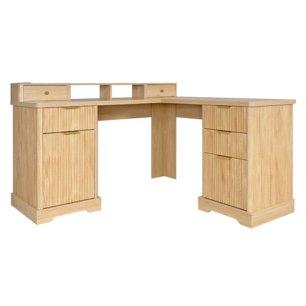 English Elm 59" Fluted Oak L-shaped Corner Desk with Charging Station Monitor Stand and File Storage Light Oak W2917S00005