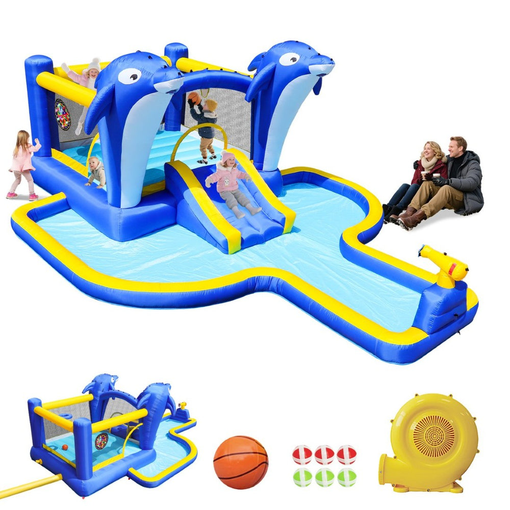 English Elm 8 in 1 Inflatable Outdoor Water Park Bounce House with Slide Sprinkler Hoop W167790002
