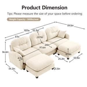 English Elm Modular U-Shaped Sectional Couch With Ottoman, Premium Chenille, Tufted Backrest, 2 Pillows, Beige W714S01369