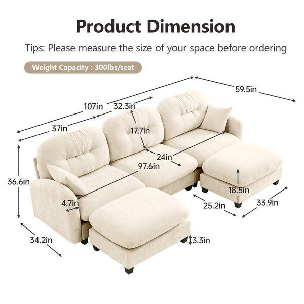 English Elm Modular U-Shaped Sectional Couch With Ottoman, Premium Chenille, Tufted Backrest, 2 Pillows, Beige W714S01369