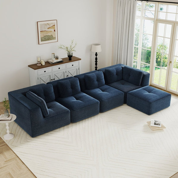 English Elm Modern Corduroy Sectional Sofa with Tufted Cushions Deep Seat and Movable Ottoman Blue W714S01805