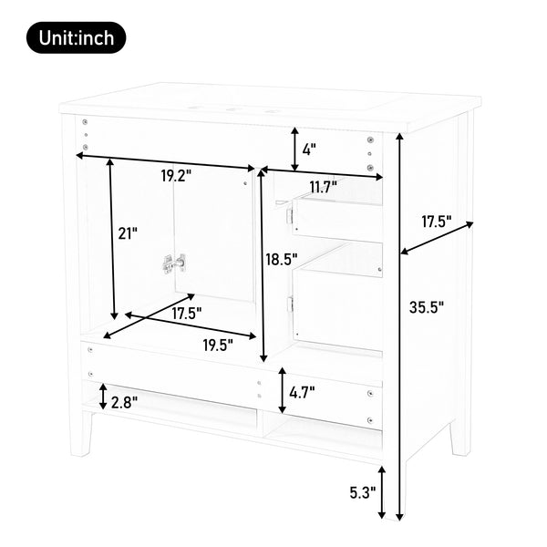English Elm Christopher Knight Home® - 36" Freestanding Bathroom Vanity with Resin Sink, Soft-Close Doors & Drawers, Gold Alloy Handles, Spacious Storage and Easy Plumbing Access White N759P292552K