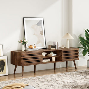 English Elm Mid Century Modern Fluted Wood Media Console with Storage Cabinets for Living Room Natural Walnut T3623P435373