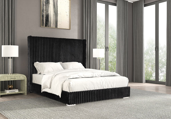 English Elm Bedroom Elegant Contemporary Queen Bed with Fur Chenille Upholstery, Engineered Wood Frame, Mattress-Ready Black 64.5 L x 73.5 W x 6.5 H B2741P320883
