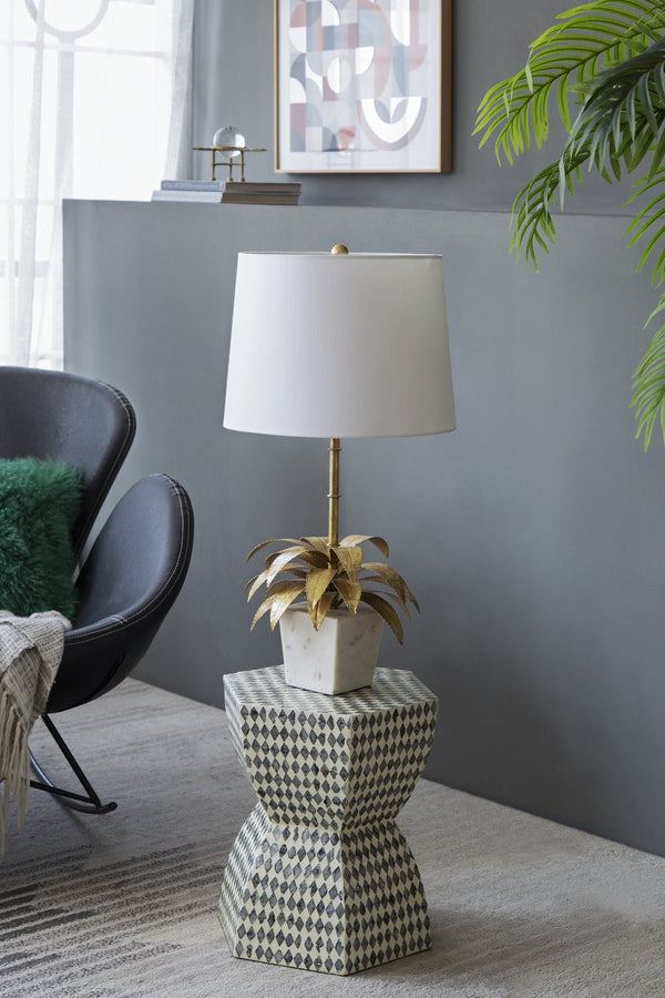 English Elm D15x29" Modern Brass Table Lamp with Reeded Bamboo Stem and Drum Shade — Chic Preppy Lighting Accent White+Gold W2078P324074