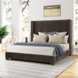 English Elm Queen Upholstered Bed with Pleated Headboard and Sturdy Rails, Easy-Clean Polyester Fabric Design Dark Brown 79.75 L x 53.75 W x 9.5 H B2699P208290