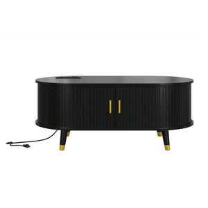 English Elm [Assembly Fluted Tambour Coffee Table with 360° Sliding Door, Built-In Charging Station & Mid-Century Flair Black N721P297572B