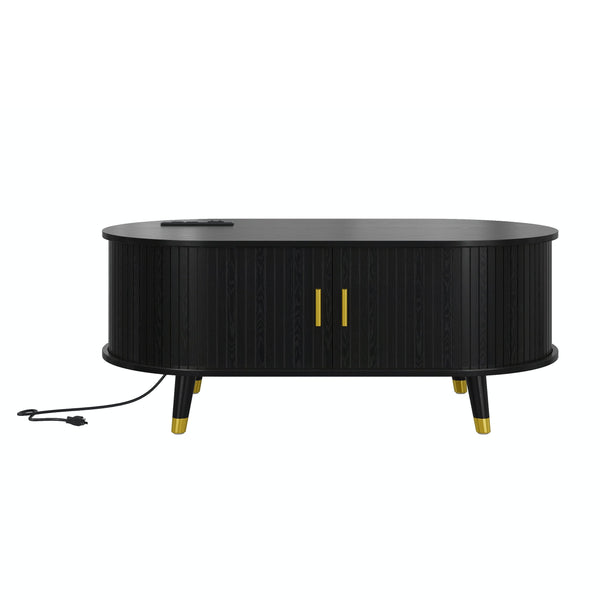 English Elm [Assembly Fluted Tambour Coffee Table with 360° Sliding Door, Built-In Charging Station & Mid-Century Flair Black N721P297572B