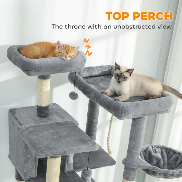 English Elm Multi-level 69 Inch Cat Tree with Dual Condos Hammocks and Sisal Scratching Posts T3971P412951