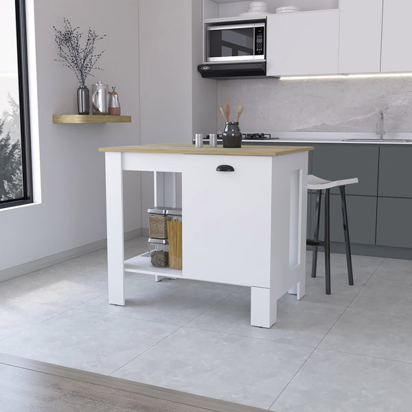 English Elm Lander Kitchen Island with Single Door, Lower Open Shelf, White/Macadamia Finish — Stylish Prep Station B128P148925