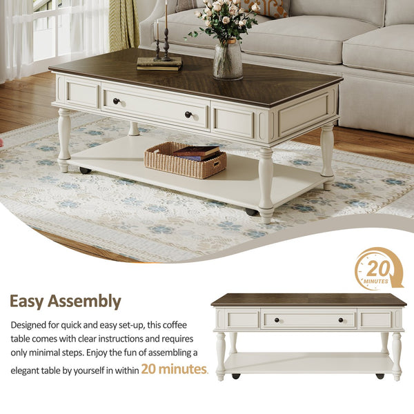 English Elm Farmhouse Retro Coffee Table with Lockable Wheels, One Drawer & Lower Shelf, Solid Wood Legs, Durable Finish Grey+White N721P307935E